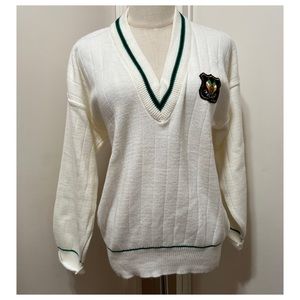 Quality Knitwear Ireland Sweater White/Green Clover Knit V-Neck Long Sleeve 40.